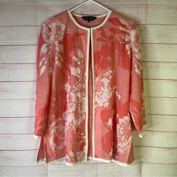 Ming Wang Beautiful Open Front Floral Coral White‎ Knit Cardigan Jacket Large